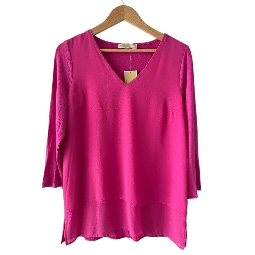 Michael Michael Kors Womens Pink V-Neck Layered Hem 3/4 Sleeve Blouse Top Medium